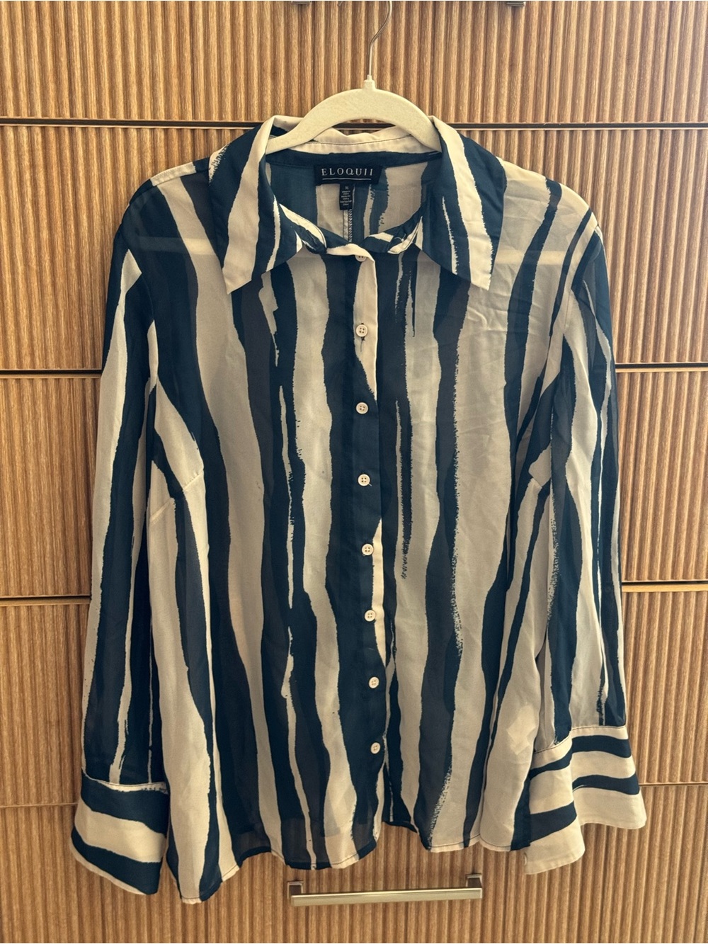 Eloquii Navy Blue and White Sheer Button-Down Shirt